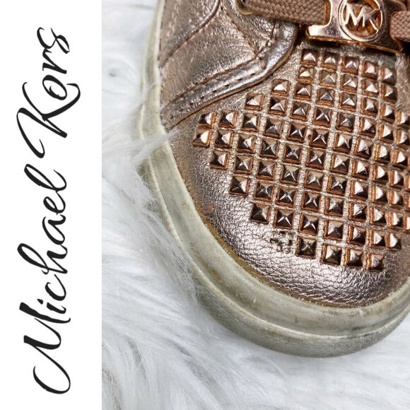 MICHAEL KORS ROSE GOLD METALLIC STUDDED LOW TOP LEATHER SNEAKERS, SIZE 6.5 - Picture 4 of 12